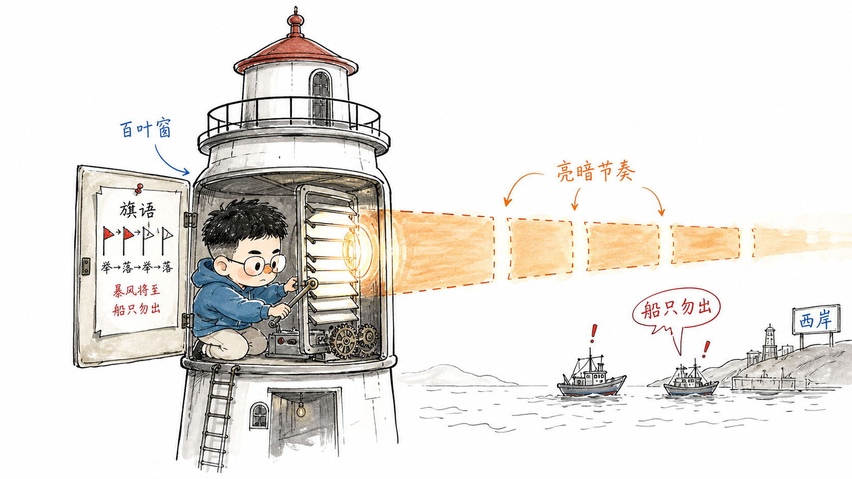 Luke 用百叶窗把旗语变成灯光节奏